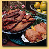 Offering wood smoked BBQ meats including Roasted Whole Hogs, Pulled Pork and Baby Back Ribs.